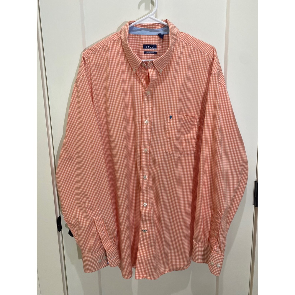 IZOD‎ Mens XXL Orange Gingham Non-Iron Stretch Long Sleeve Button Down Shirt